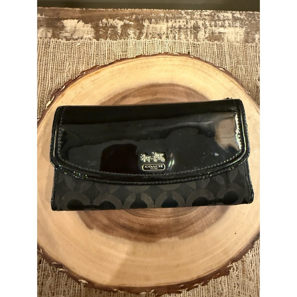 Coach Black Patent Canvas Optic Envelope Trifold Wallet Black